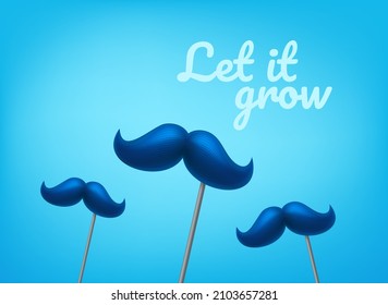 Blue Moustache On A Sticks. Let It Grow. 3D Vector Illustration