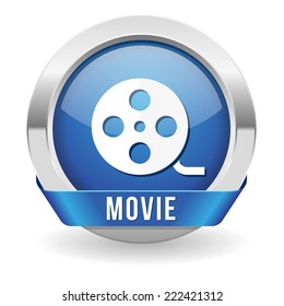 Blue movie button with metallic border and ribbon on white background