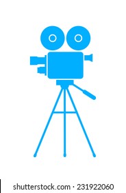 Blue movie camera on white background