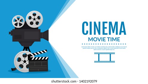 Blue movie cinema banner design. Camcorder with place for your text. Vector illustration.