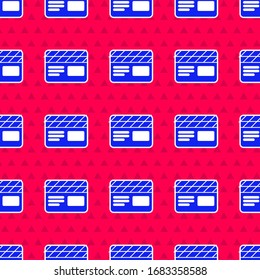 Blue Movie clapper icon isolated seamless pattern on red background. Film clapper board. Clapperboard sign. Cinema production or media industry.  Vector Illustration