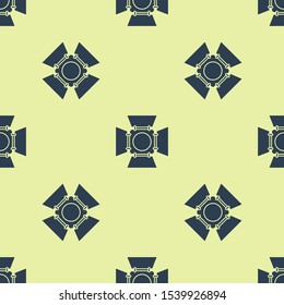 Blue Movie spotlight icon isolated seamless pattern on yellow background. Light Effect. Scene, Studio, Show.  Vector Illustration