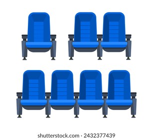 Blue movie theater seats for comfortable watching film. Cinema chair. Vector illustration