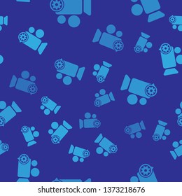 Blue Movie or Video camera and gear icon isolated seamless pattern on blue background. Adjusting app, service concept, setting options, maintenance, repair, fixing. Vector Illustration
