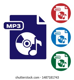 Blue MP3 file document. Download mp3 button icon isolated on white background. Mp3 music format sign. MP3 file symbol. Set color icons in circle buttons. Vector Illustration
