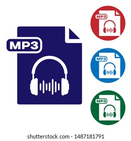Blue MP3 file document. Download mp3 button icon isolated on white background. Mp3 music format sign. MP3 file symbol. Set color icons in circle buttons. Vector Illustration