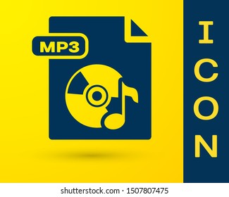Blue MP3 file document. Download mp3 button icon isolated on yellow background. Mp3 music format sign. MP3 file symbol.  Vector Illustration