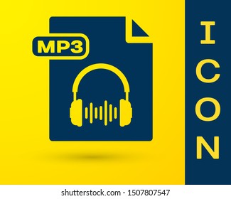 Blue MP3 file document. Download mp3 button icon isolated on yellow background. Mp3 music format sign. MP3 file symbol.  Vector Illustration