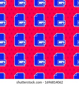Blue MP3 file document. Download mp3 button icon isolated seamless pattern on red background. Mp3 music format sign. MP3 file symbol.  Vector Illustration