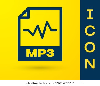 Blue MP3 file document icon. Download mp3 button icon isolated on yellow background. Mp3 music format sign. MP3 file symbol. Vector Illustration