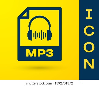 Blue MP3 file document icon. Download mp3 button icon isolated on yellow background. Mp3 music format sign. MP3 file symbol. Vector Illustration