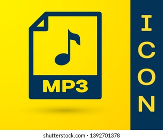 Blue MP3 file document icon. Download mp3 button icon isolated on yellow background. Mp3 music format sign. MP3 file symbol. Vector Illustration