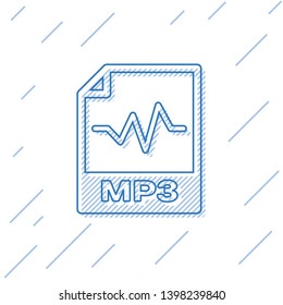 Blue MP3 file document icon. Download mp3 button line icon isolated on white background. Mp3 music format sign. MP3 file symbol. Vector Illustration