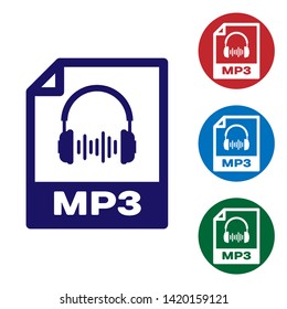 Blue MP3 file document icon. Download mp3 button icon isolated on white background. Mp3 music format sign. MP3 file symbol. Set color icon in circle buttons. Vector Illustration