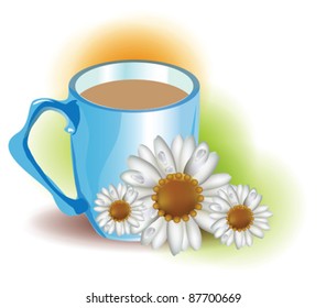 Blue mug with chamomile tea