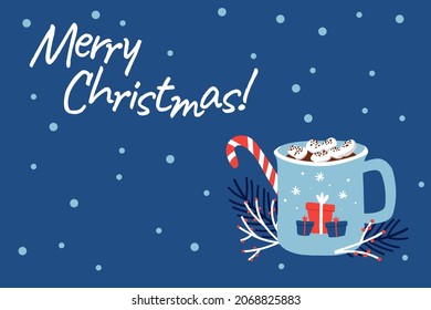 Blue mug with christmas hot chocolate or coffee with marshmallows with branches, floral elements, candy cane. Warm wishes, Marry Christmas or New Year greeting card template. Vector illustration