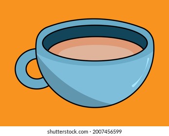 Blue mug with coffee on an orange background
