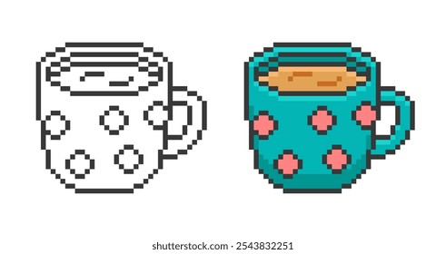Blue Mug with Coffee in Pixel Art Style. Simple vector illustration