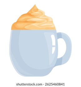Blue mug containing a delicious coffee beverage topped with a swirl of whipped cream