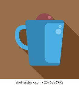 Blue mug containing hot chocolate and marshmallow, creating bubbles on brown background, perfect for representing a cozy winter drink 