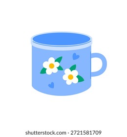 Caneca azul com padrão floral e corações, ilustração vetorial. Elemento de design de primavera acolhedor perfeito para decoração de cozinha, tempo de chá, ou temas de campo.