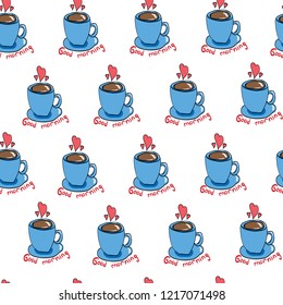 Blue mug. Good morning. Seamless pattern. Vector.Eps10.