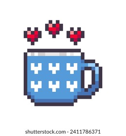 Blue mug with hearts isolated on white background. Tea cup pixel icon. Romantic symbol. Vector illustration of Valentine's Day elements in 16 bit old style.