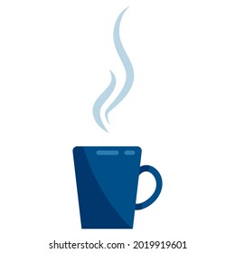 blue mug with hot drink and steam, flat vector illustration isolated.