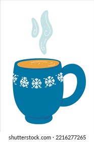 Blue mug with hot winter drink and steam. Traditional winter drink, tea, hot chocolate, cocoa. Vector christmas illustration. Traditional design.