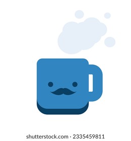 Blue Mug Icon, Object Silhouette, Flat Vector Design Element with Smiling Face and Mustache - Isolated on White Background
