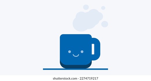 Blue Mug Icon, Silhouette, Flat Vector Design Element with Smiling Face 