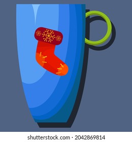 Blue mug, on a gray background, with a Christmas decoration. Collection of coffee cup and tea cup. Layout. Vector template . A set of realistic coffee shops .