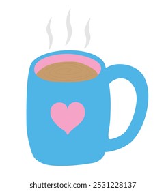 Una taza azul con un corazón rosado y humeante ilustrador de Vector de café caliente