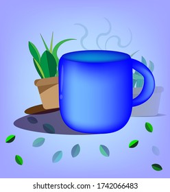 blue mug and plants in pots hand drawn on light purple background