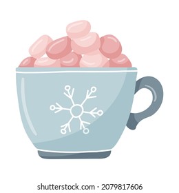 A blue mug with a snowflake and pink marshmallows. Hand-drawn flat winter cup with hot drink. The design element is isolated on a white background. Color vector illustration