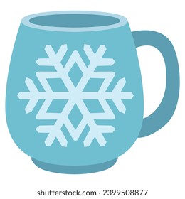 Blue Mug with snowflake. Vector christmas cup with snowflake. Cartoon.