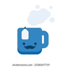 Blue Mug with Tea Filter Bag - Icon, Object Silhouette, Flat Vector Design Element with Smiling Face and Mustache - Isolated on White