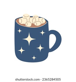 Blue Mug of warm cocoa, hot chocolate with marshmallows isolated on white. Cozy seasonal drink in flat style. Design element for cards, invitations, cafe menu