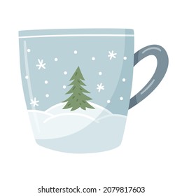 A blue mug with a winter landscape, snowdrifts and a Christmas tree. A hand-drawn flat cup with a hot drink. The design element is isolated on a white background. Color vector illustration