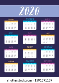 blue and multicolored 2020 calendar design, Planner time event moth date day page plan and reminder theme Vector illustration