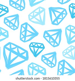 Blue multicolored diamonds isolated on white background. Seamless pattern. Outline sketch drawing. Vector flat graphic hand drawn illustration. Texture.