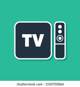 Blue Multimedia and TV box receiver and player with remote controller icon isolated on green background.  Vector Illustration