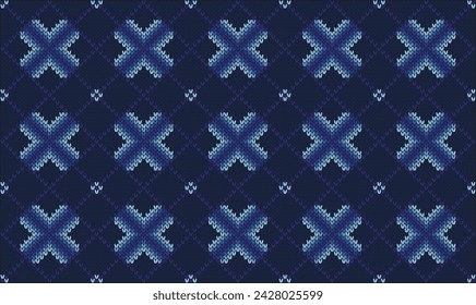 Blue multiply sign to be continued net pattern on indigo background.Blue multiply sign are diagonal.Modern shape.Seamless pattern.Blue flower.Design for skirt.Scarf.Clothes.Printing.All knitting work.