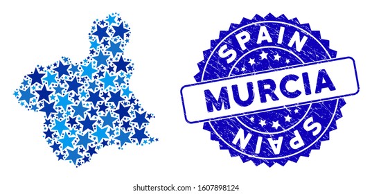Blue Murcia Province map collage of stars, and scratched rounded stamp seal. Abstract geographic plan in blue color tones. Vector Murcia Province map is designed of blue stars.