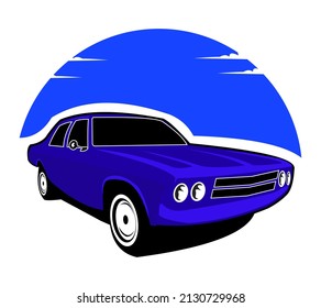 blue muscle car stylish and cool front view on white background
