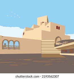 Blue Museum of Islamic Art Doha Qatar pastel vector art