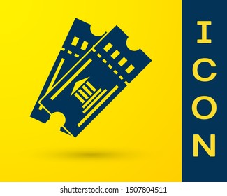 Blue Museum ticket icon isolated on yellow background. History museum ticket coupon event admit exhibition excursion.  Vector Illustration