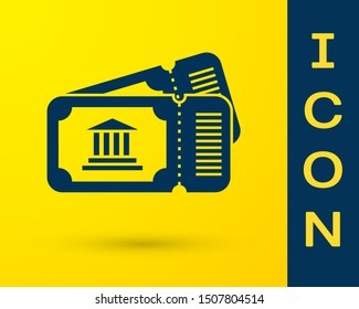 Blue Museum ticket icon isolated on yellow background. History museum ticket coupon event admit exhibition excursion.  Vector Illustration