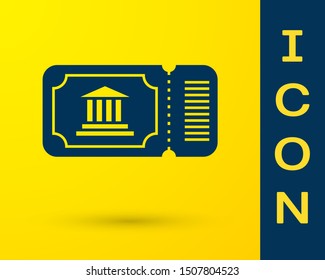 Blue Museum ticket icon isolated on yellow background. History museum ticket coupon event admit exhibition excursion.  Vector Illustration