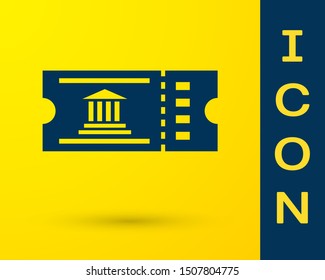Blue Museum ticket icon isolated on yellow background. History museum ticket coupon event admit exhibition excursion.  Vector Illustration
